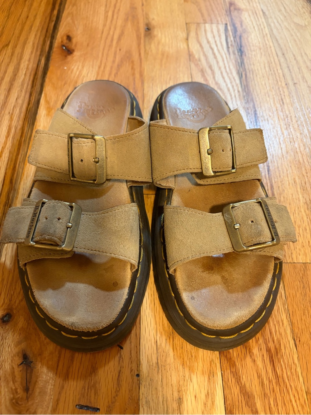 Dr. Martens Tan Double-Buckle Suede Slide Sandals